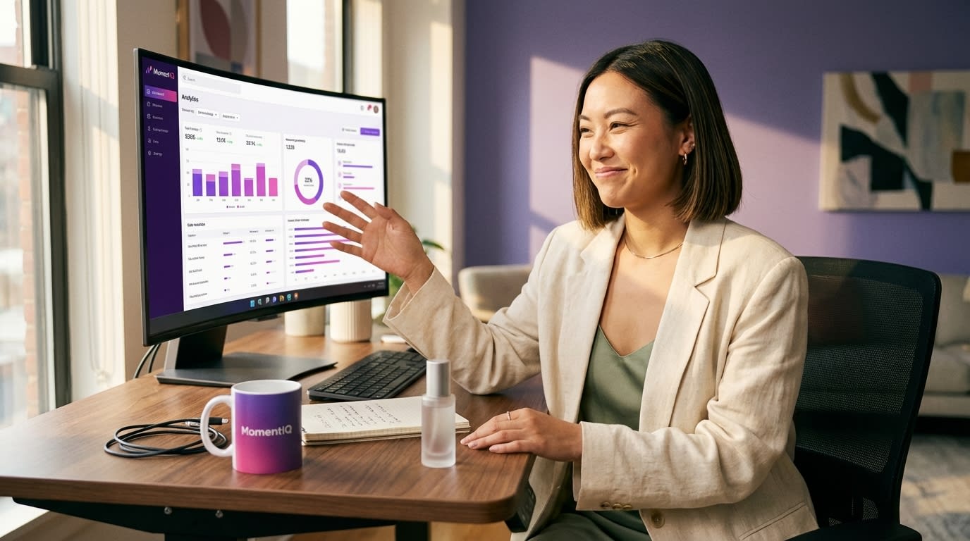 Marketing manager reviewing MomentIQ dashboard with category-specific TikTok Shop creator data for beauty products.