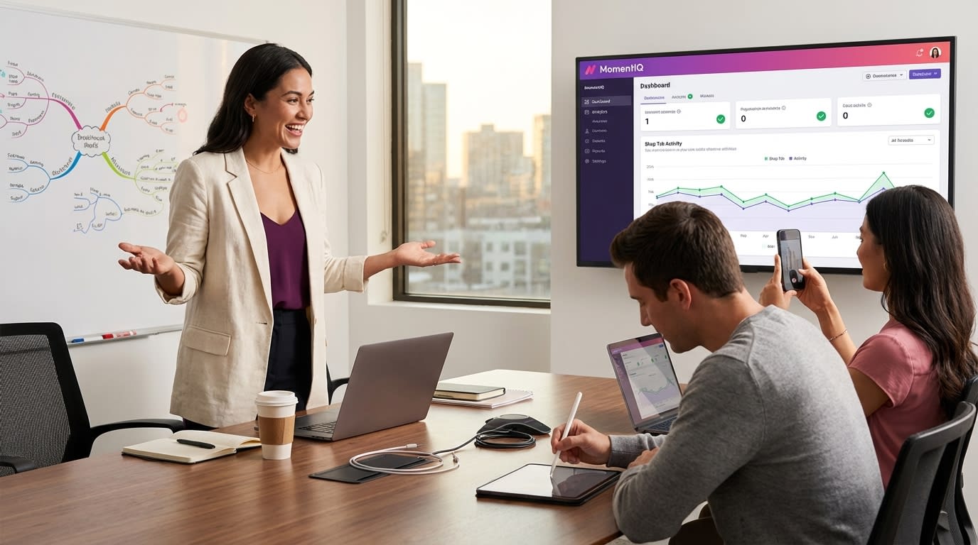 Marketing team analyzing TikTok Shop creator discovery framework metrics on large screen in strategy war room