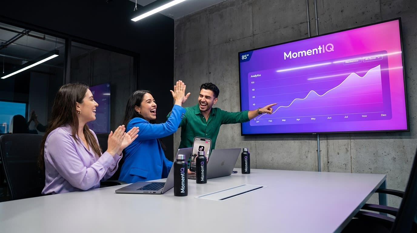 Team celebrating successful TikTok Shop creator discovery, looking at profiles and data.