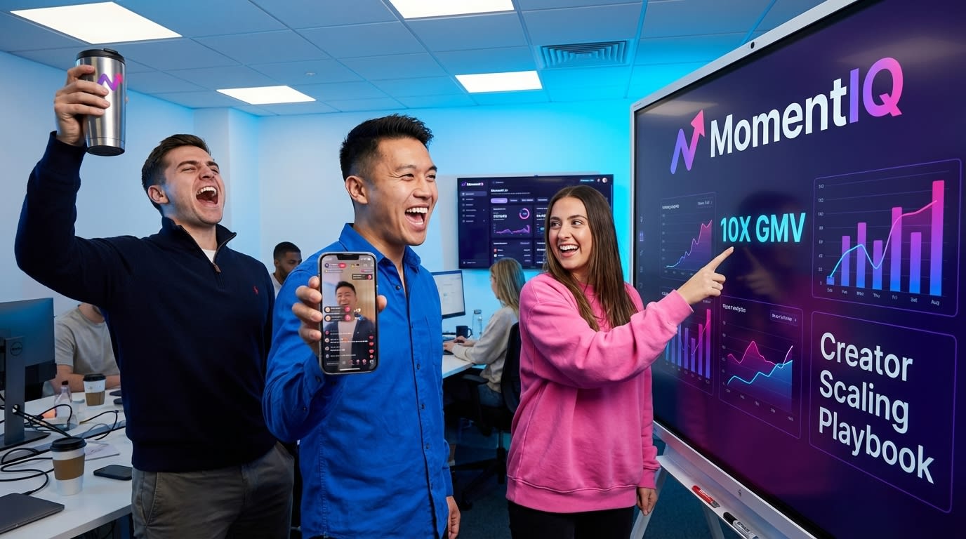 Team celebrating TikTok Shop live stream success and future growth strategies with excitement and high fives.