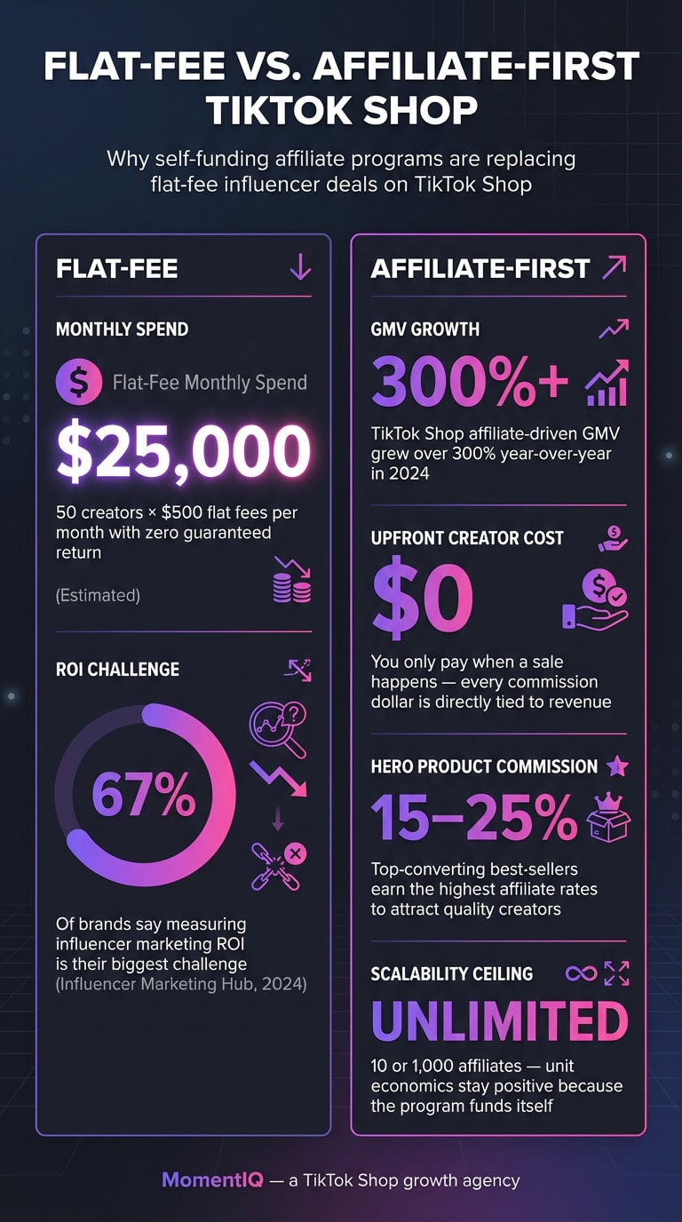 Infographic comparing flat-fee influencer deals versus affiliate-first TikTok Shop programs, showing $25,000 monthly flat-fee risk, 67% ROI measurement challenge, 300% affiliate GMV growth, zero upfront costs, 15-25% hero product commissions, and unlimited scalability.