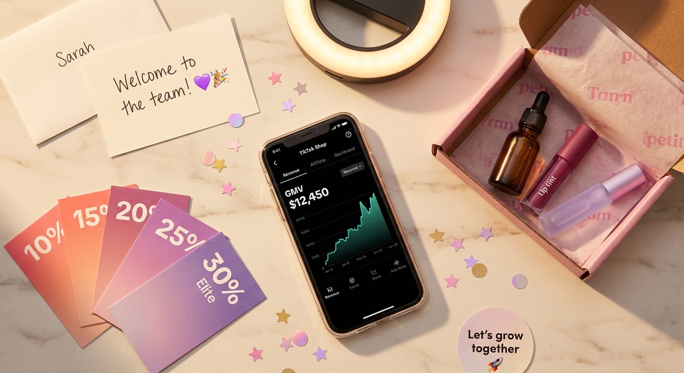 Flat lay of TikTok Shop affiliate program launch materials including phone with sales dashboard, branded products, and welcome cards