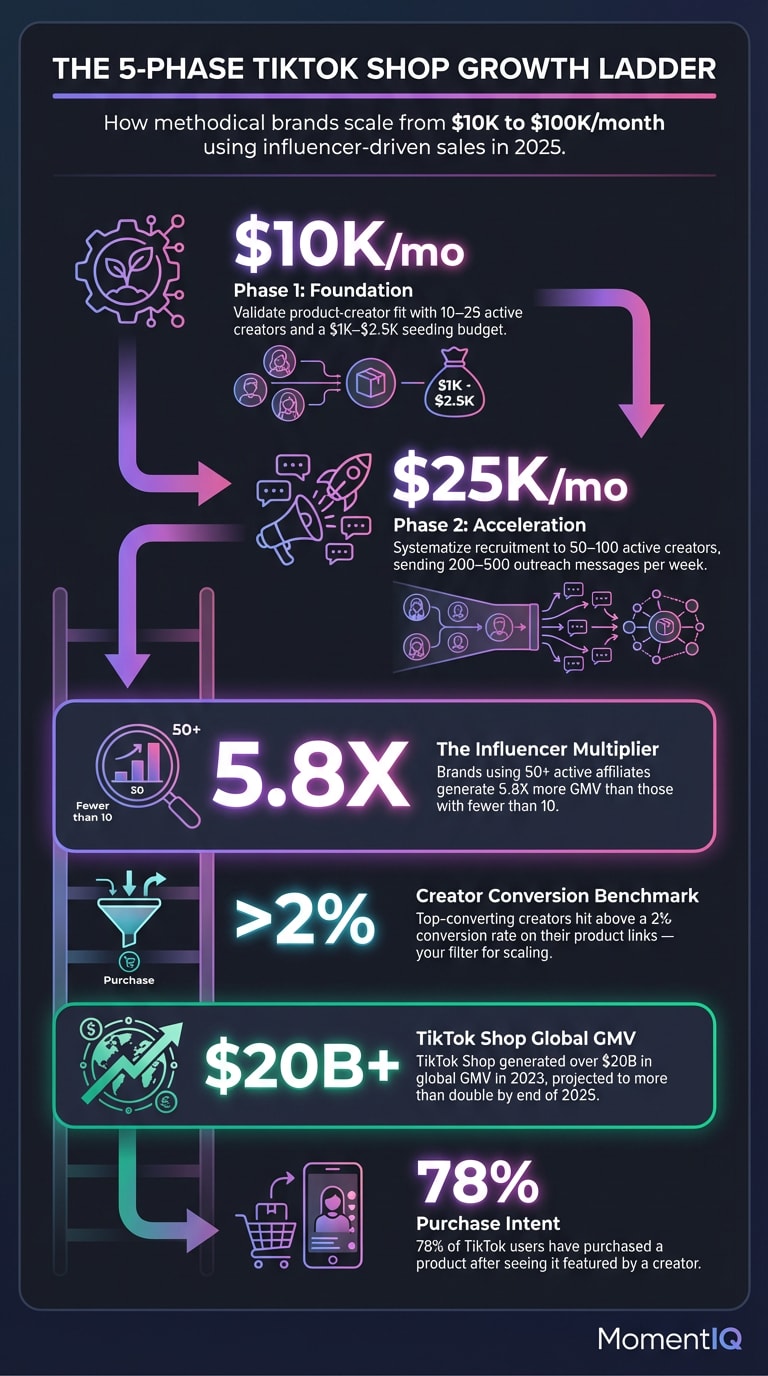 Infographic showing the 5-phase TikTok Shop growth ladder scaling from $10K to $100K per month using influencer-driven sales, featuring key stats like $20B global GMV, 78% creator-driven purchase rate, and the 5.8X revenue multiplier from 50+ active affiliates
