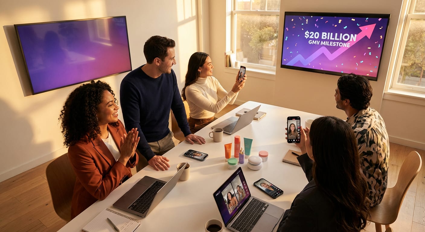 Brand marketing team celebrating TikTok Shop growth milestones in front of a large GMV dashboard showing billions in revenue