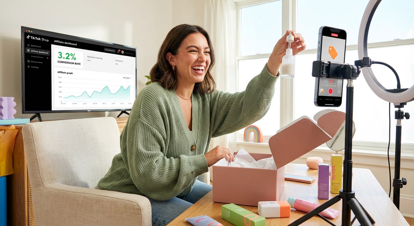 Micro-creator excitedly unboxing and filming a TikTok Shop product review in her content studio with affiliate conversion metrics visible