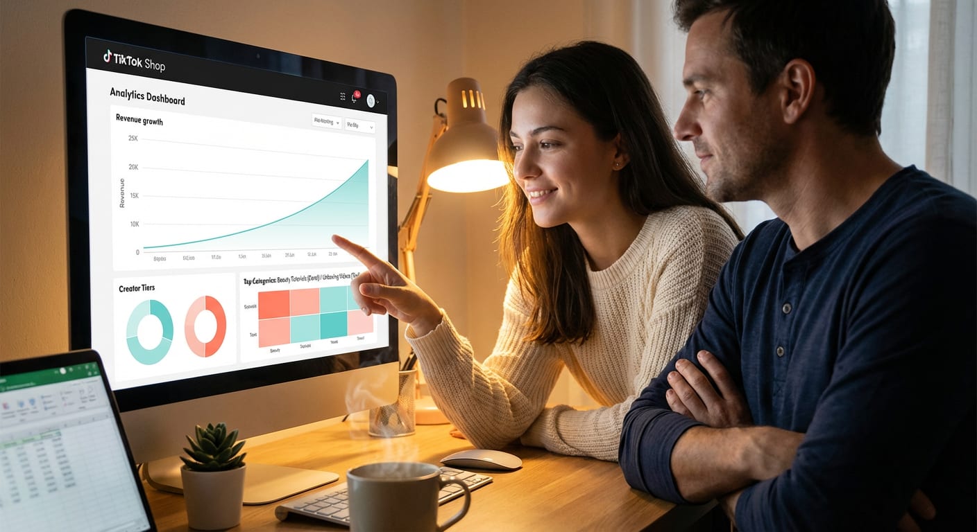 TikTok Shop analytics dashboard showing revenue growth from $10K to $25K per month with creator affiliate performance metrics and excited team reviewing data