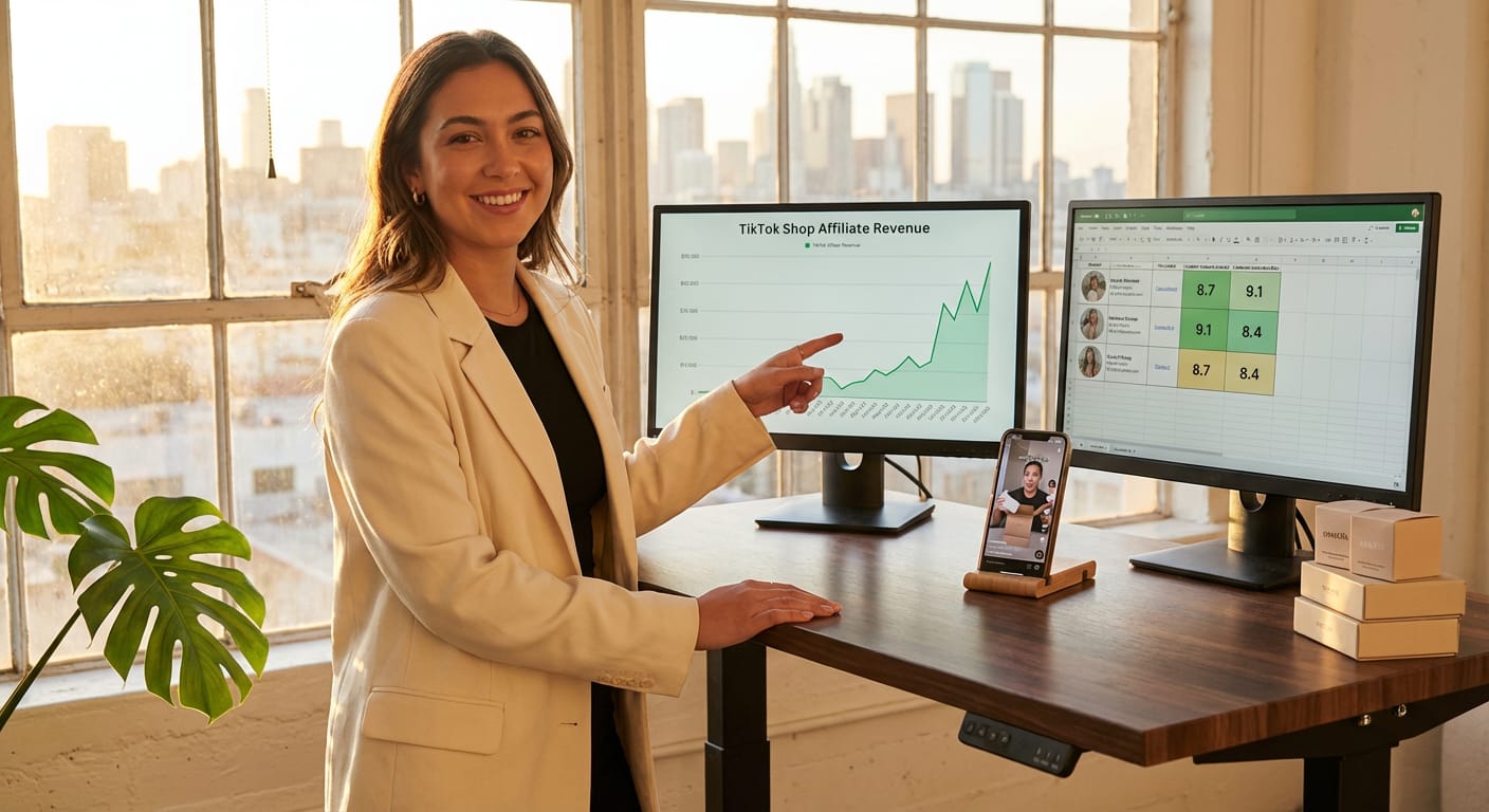 Entrepreneur celebrating TikTok Shop revenue growth on analytics dashboard after strategic creator selection