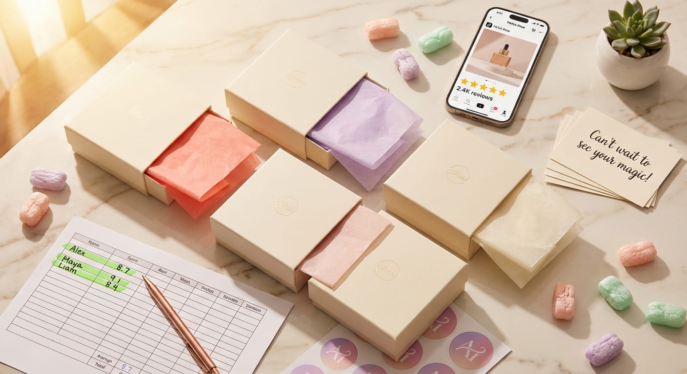 Organized TikTok Shop product seeding station with branded packaging and creator scoring spreadsheet ready for campaign launch
