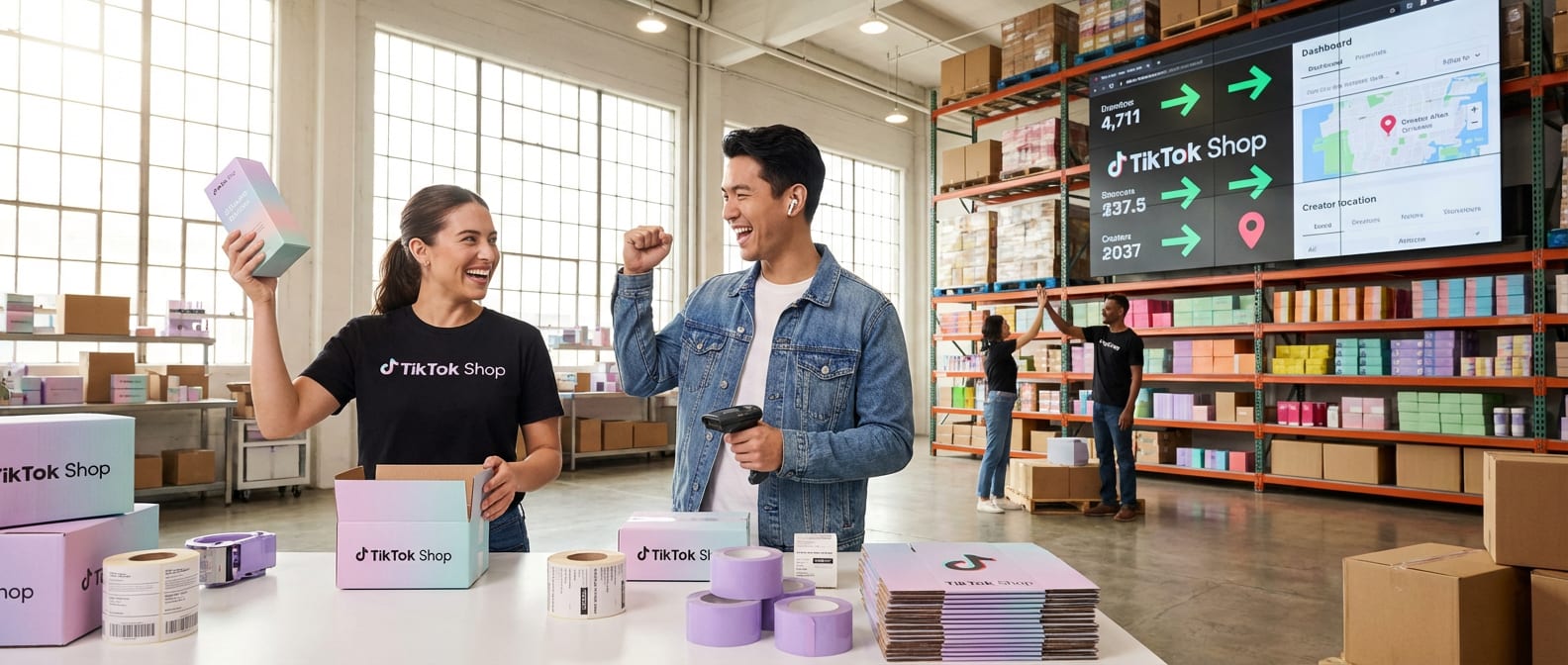 Organized warehouse team joyfully fulfilling TikTok Shop product seeding orders with real-time sales dashboard