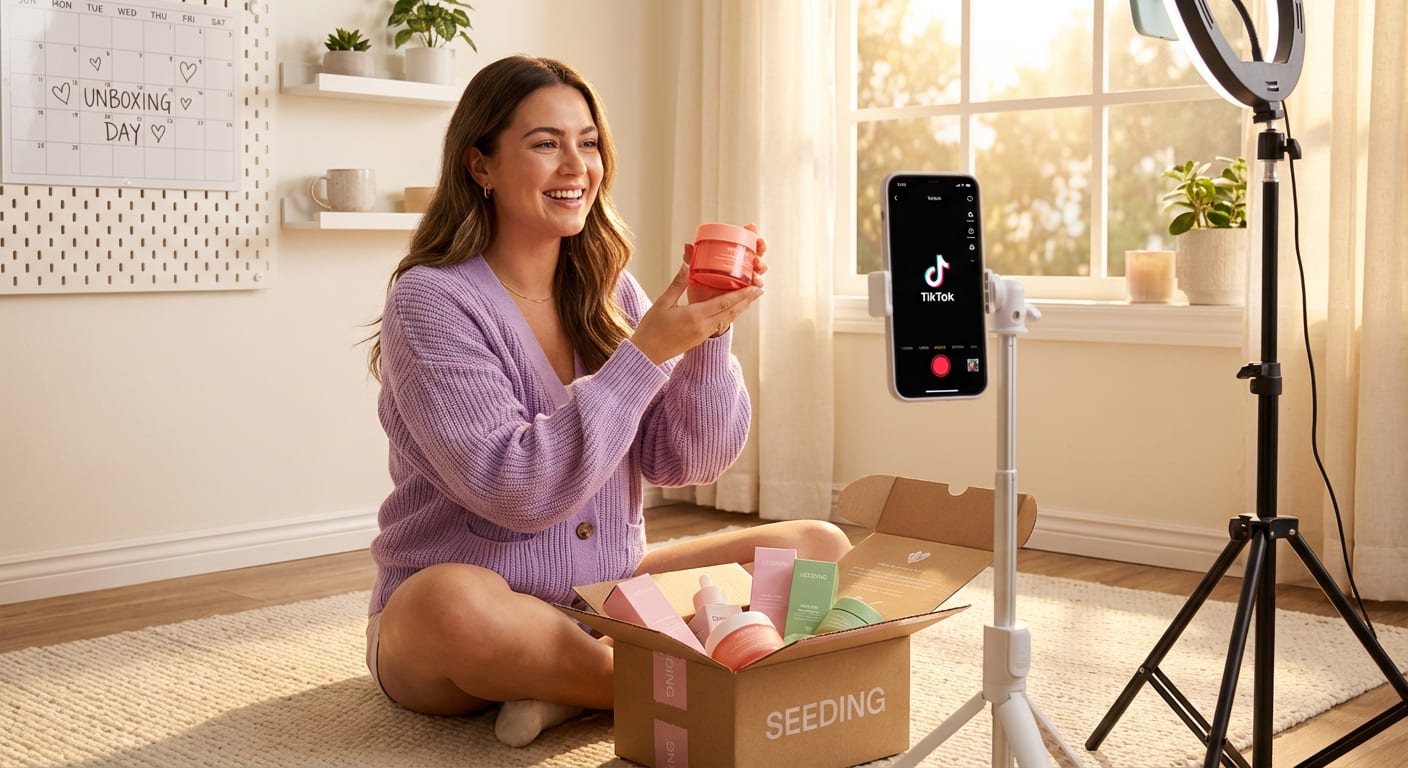 TikTok creator excitedly unboxing product seeding package in ring-lit studio with affiliate earnings dashboard visible on laptop