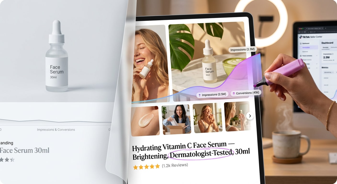 Comparison of basic versus optimized TikTok Shop product listing showing increased visibility and conversions