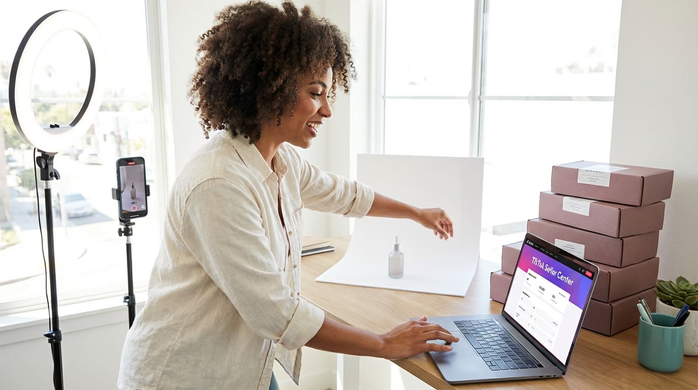 Small business owner setting up TikTok Shop product listings and photographing inventory at home office