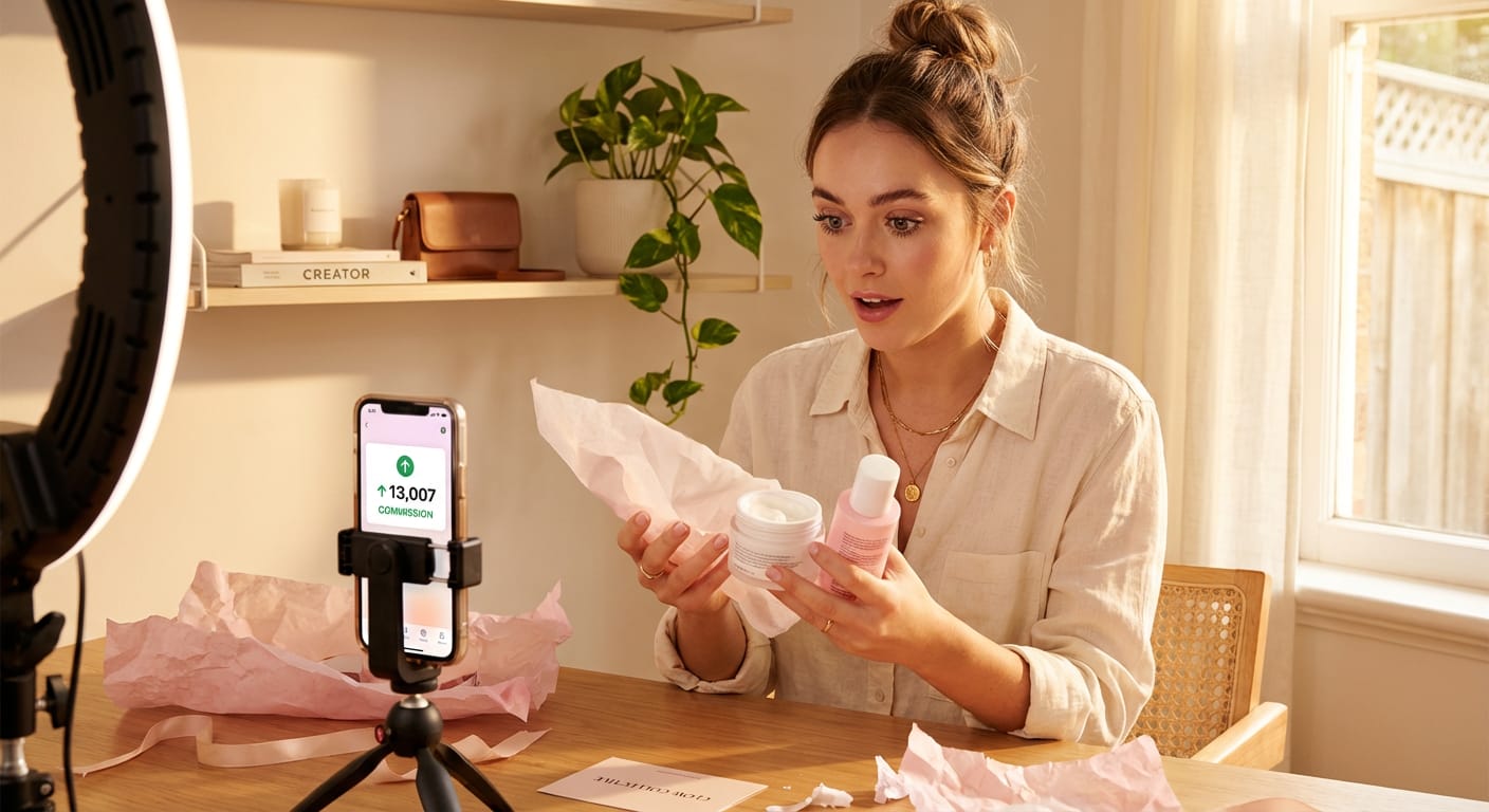 TikTok creator unboxing a seeded product during affiliate content creation in her studio