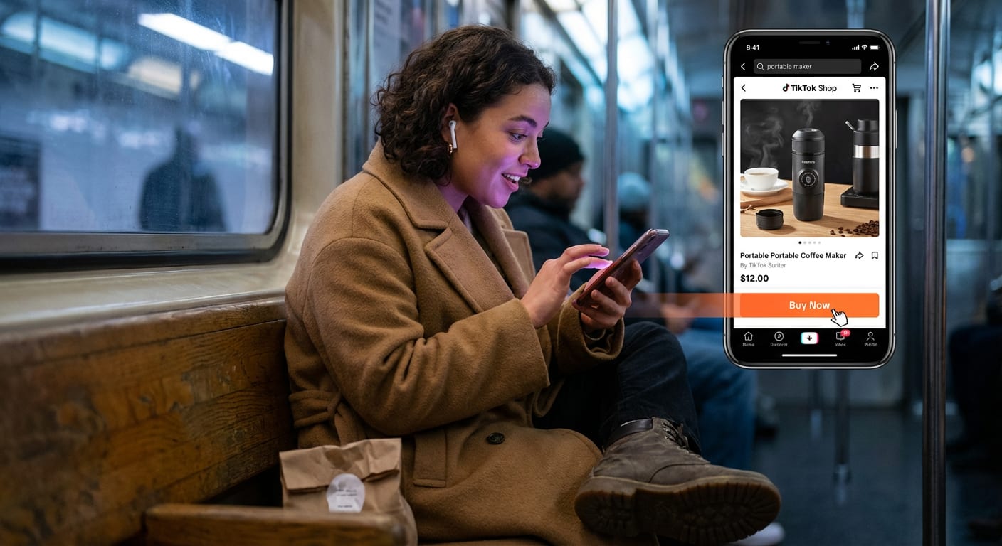 Woman discovering and purchasing a product through TikTok Shop on her phone during commute