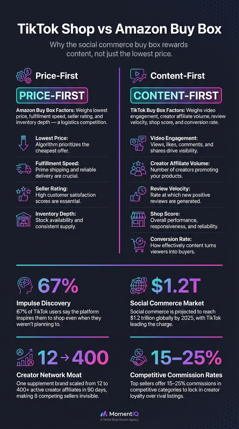 Infographic comparing Amazon and TikTok Shop buy box algorithms showing TikTok rewards content and creators over price with key stats including 67 percent impulse discovery rate and 1.2 trillion dollar social commerce projection