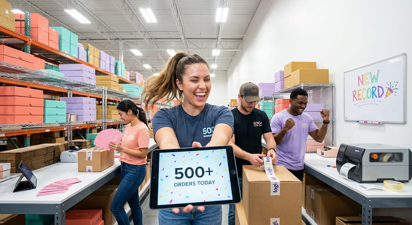 Energetic TikTok Shop fulfillment team packing orders in organized warehouse with sales dashboard showing record order volume