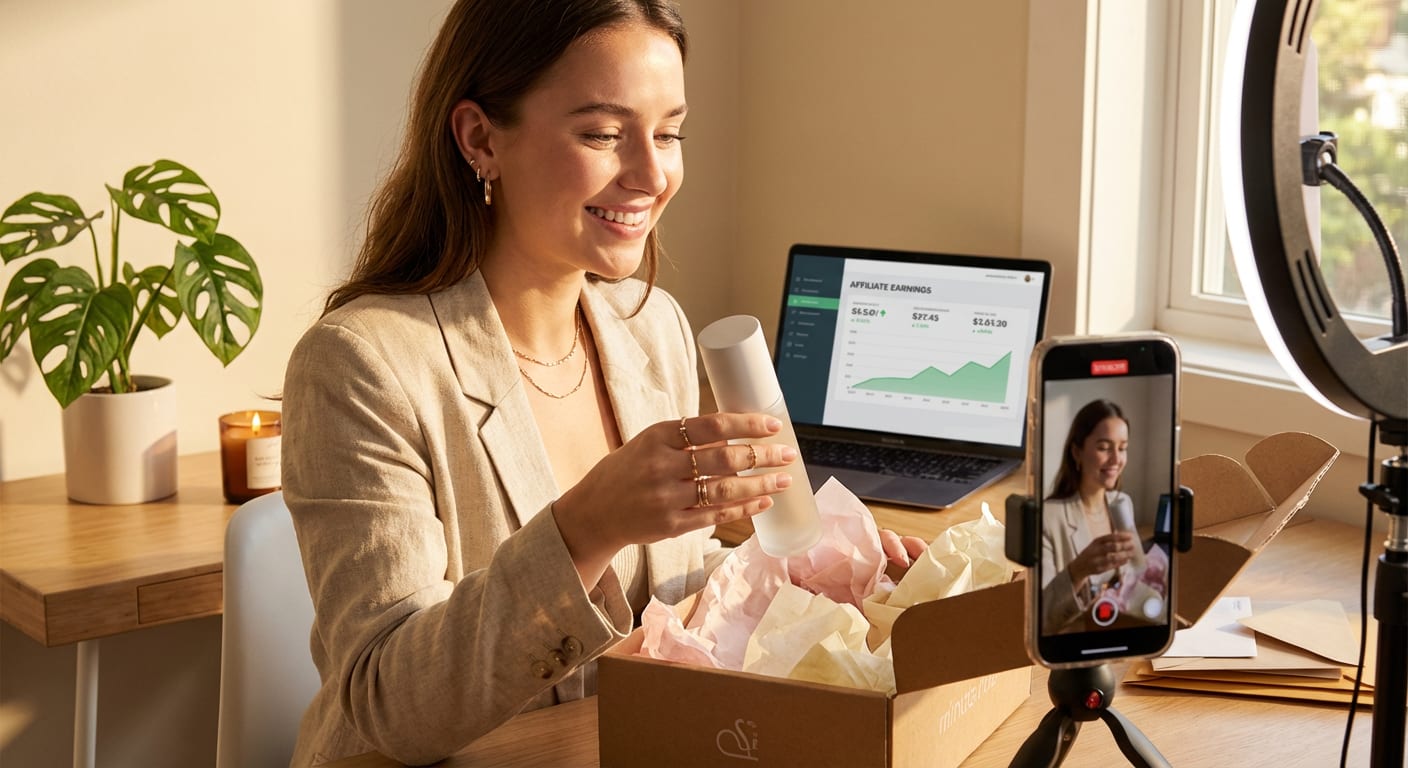 Excited TikTok creator unboxing branded product seeding package while filming content at stylish desk setup