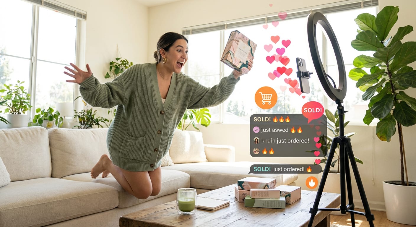 TikTok creator enthusiastically presenting product during live shopping stream with heart emojis and sales notifications