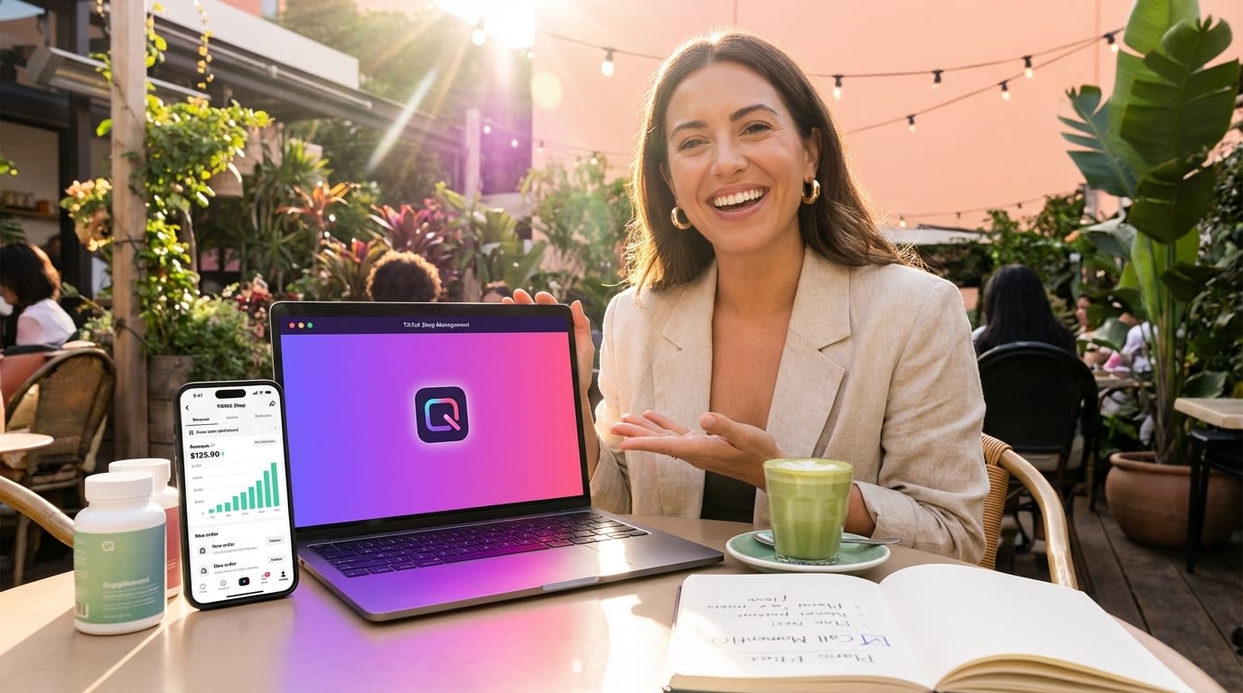 Confident wellness entrepreneur reviewing TikTok Shop growth plan and MomentIQ website at golden-hour café ready to scale