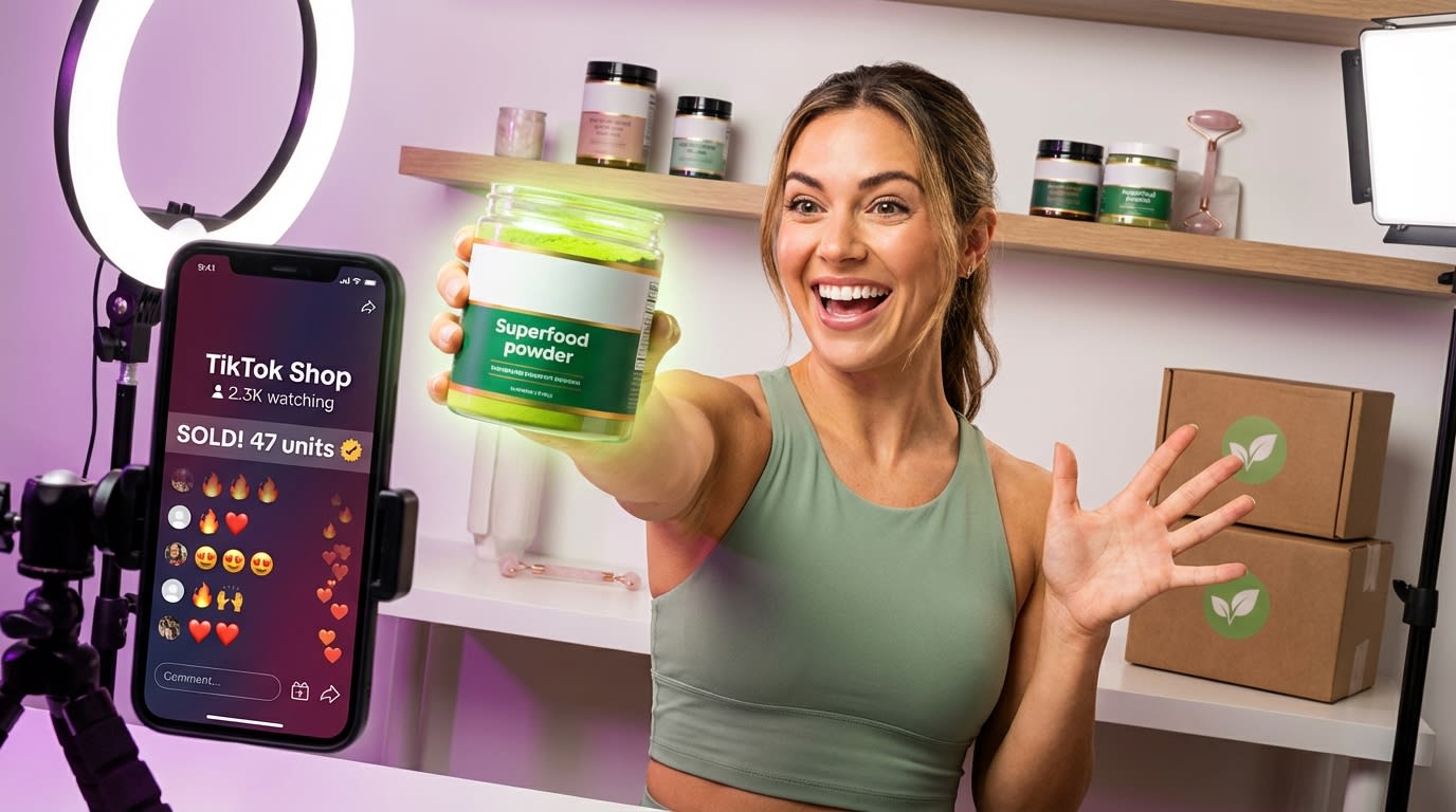Energetic TikTok Shop Live host selling superfood powder with 2300 viewers and SOLD overlay showing 47 units