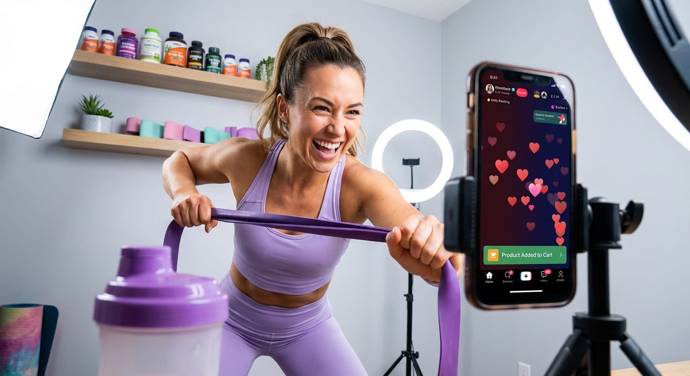 Fitness creator energetically demonstrating resistance band on TikTok Shop Live with heart emojis and cart notifications on screen