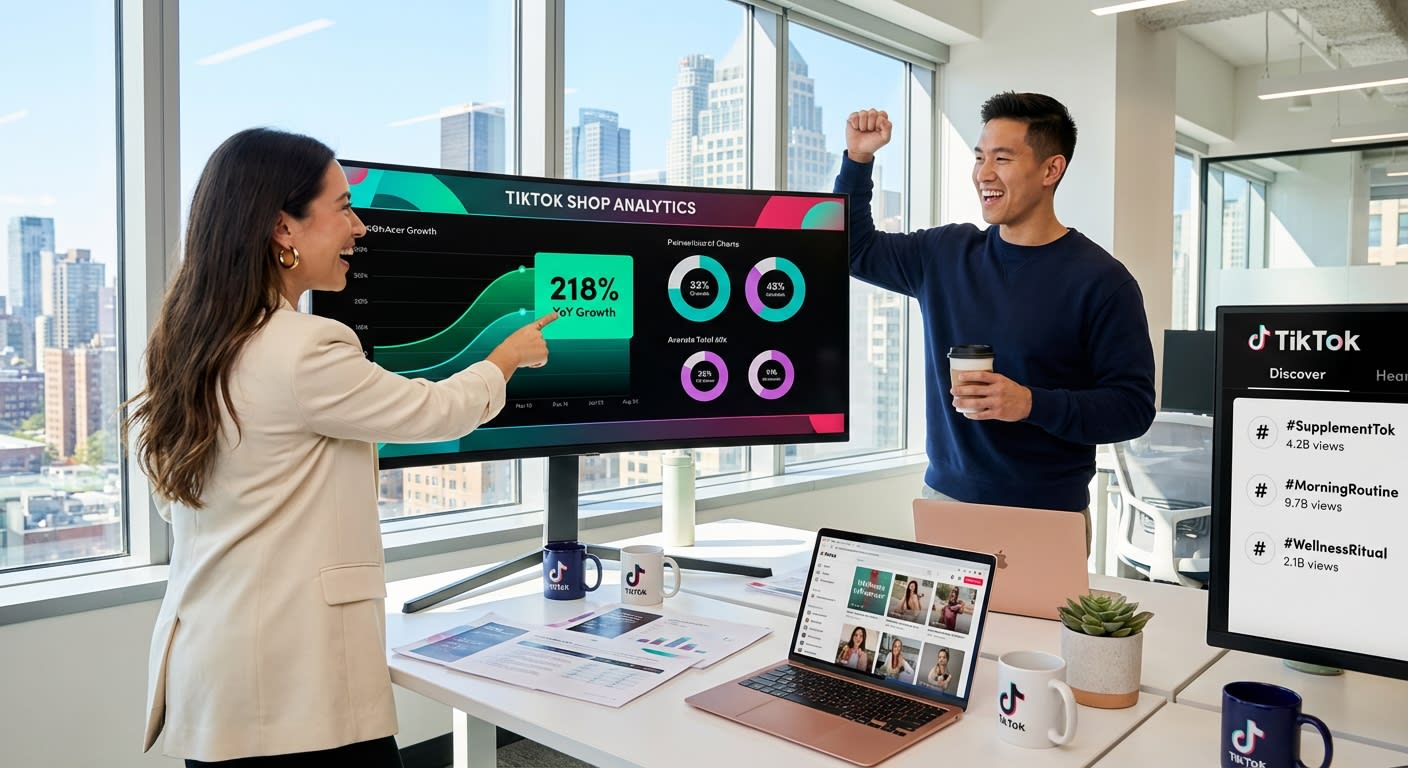 Marketing team excitedly analyzing TikTok Shop wellness category growth data showing 218 percent year-over-year GMV increase