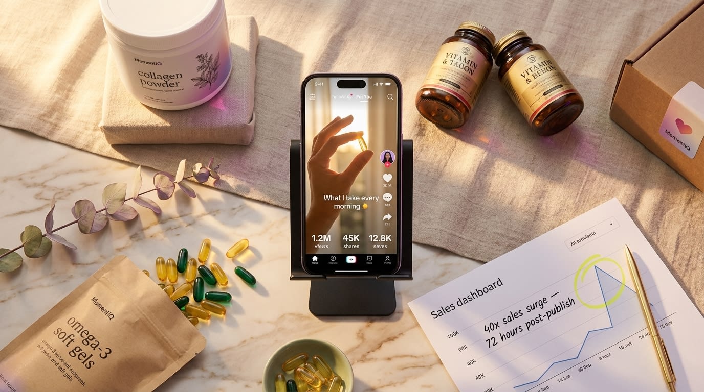 Flat lay showing viral wellness TikTok Shop video with 1.2 million views surrounded by featured supplement products and sales spike graph