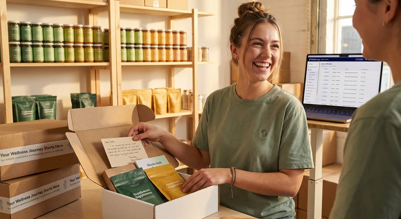 Joyful wellness brand team member packing branded TikTok Shop orders in an organized fulfillment space with colorful supplement inventory