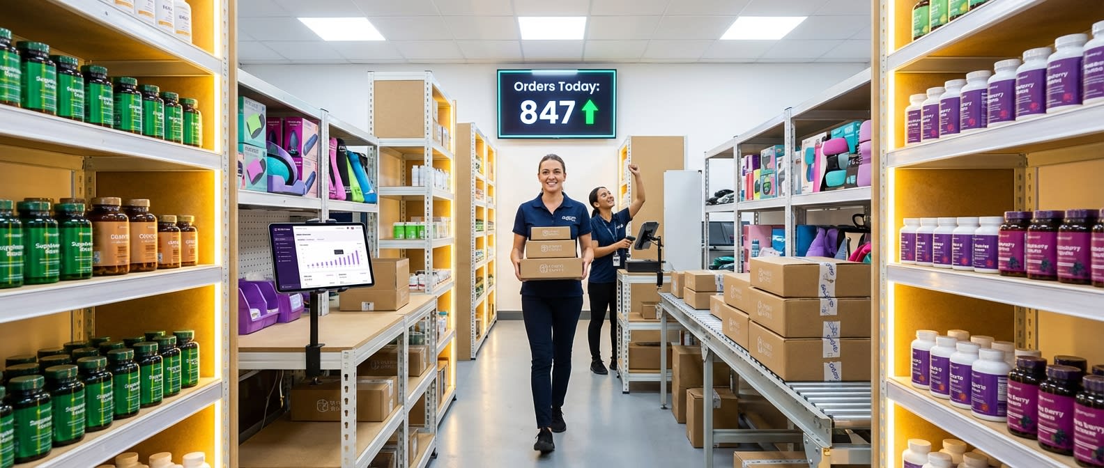 Organized wellness brand fulfillment warehouse showing 847 daily TikTok Shop orders with colorful inventory on shelves