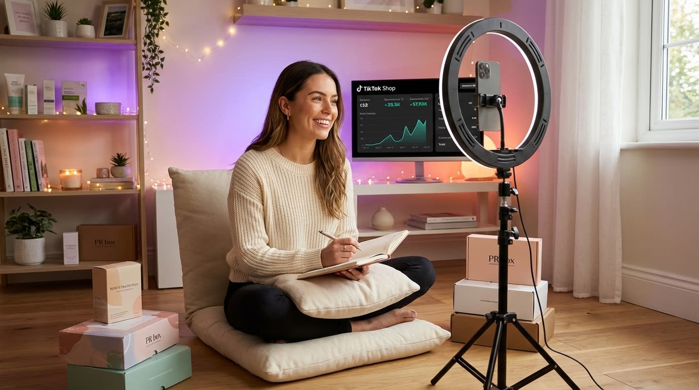 Self-care creator filming Sunday reset TikTok Shop content with guided journal and aromatherapy in cozy ring-lit studio