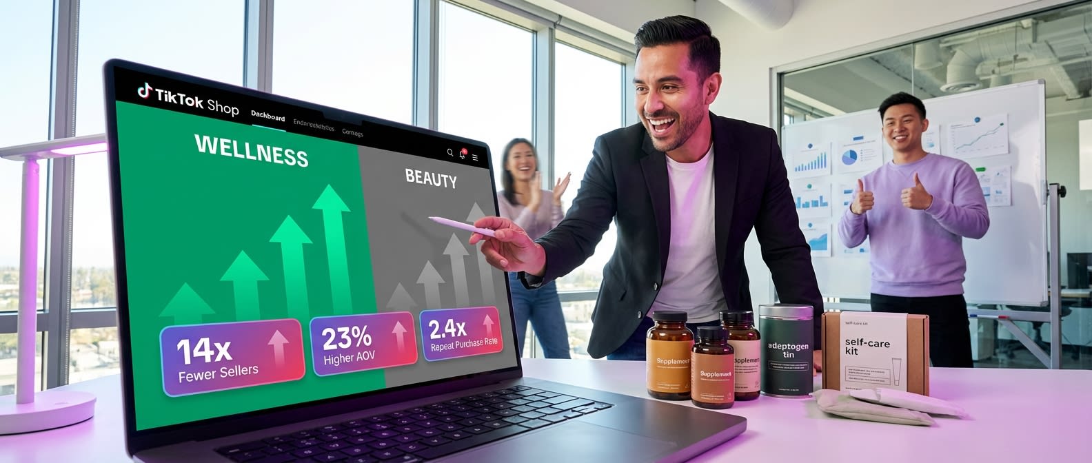 TikTok Shop wellness category data dashboard showing higher AOV and repeat purchase rates compared to beauty with fewer sellers