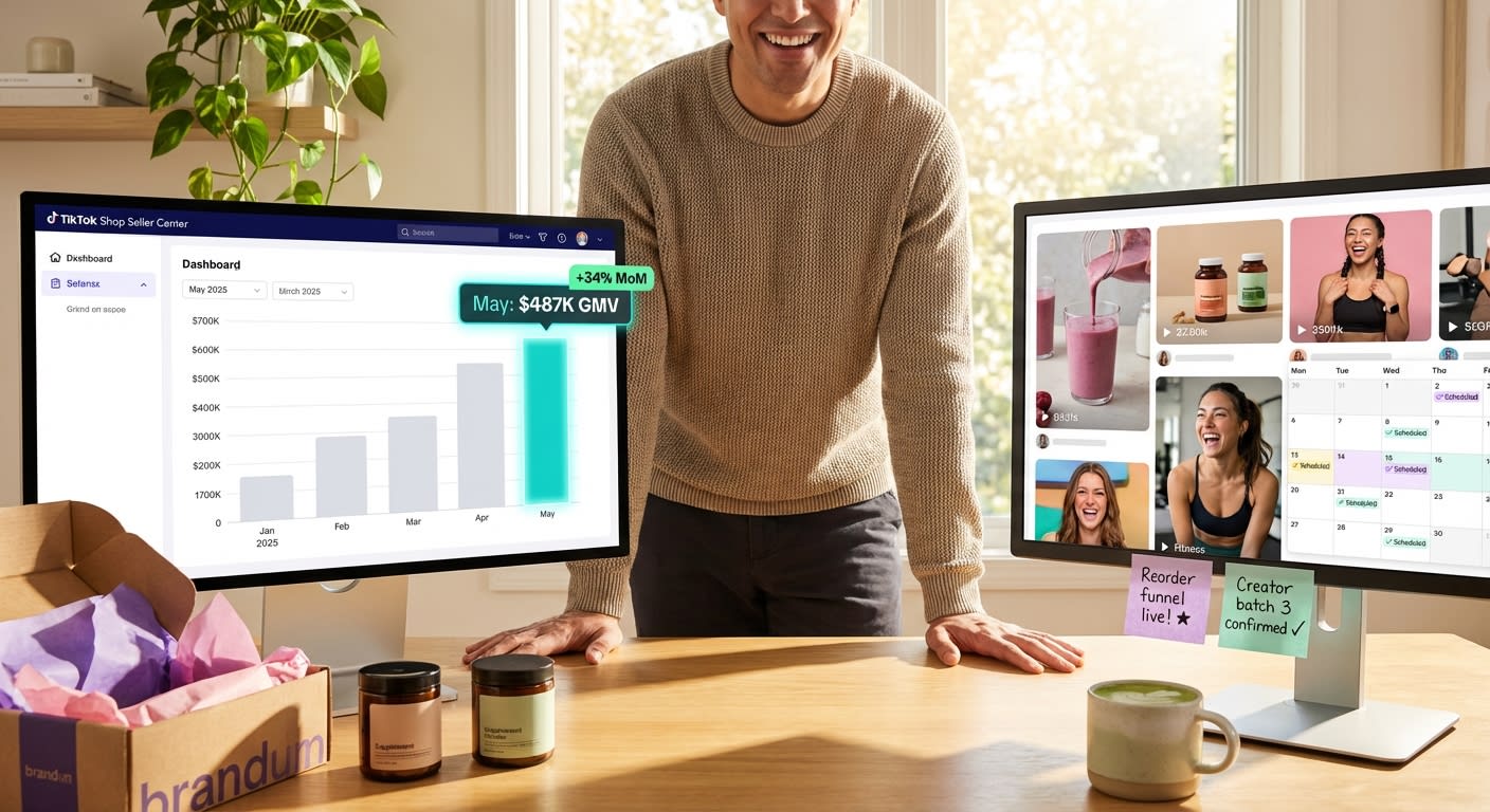 TikTok Shop seller dashboard showing $487K monthly GMV growth trend alongside content calendar with wellness video thumbnails