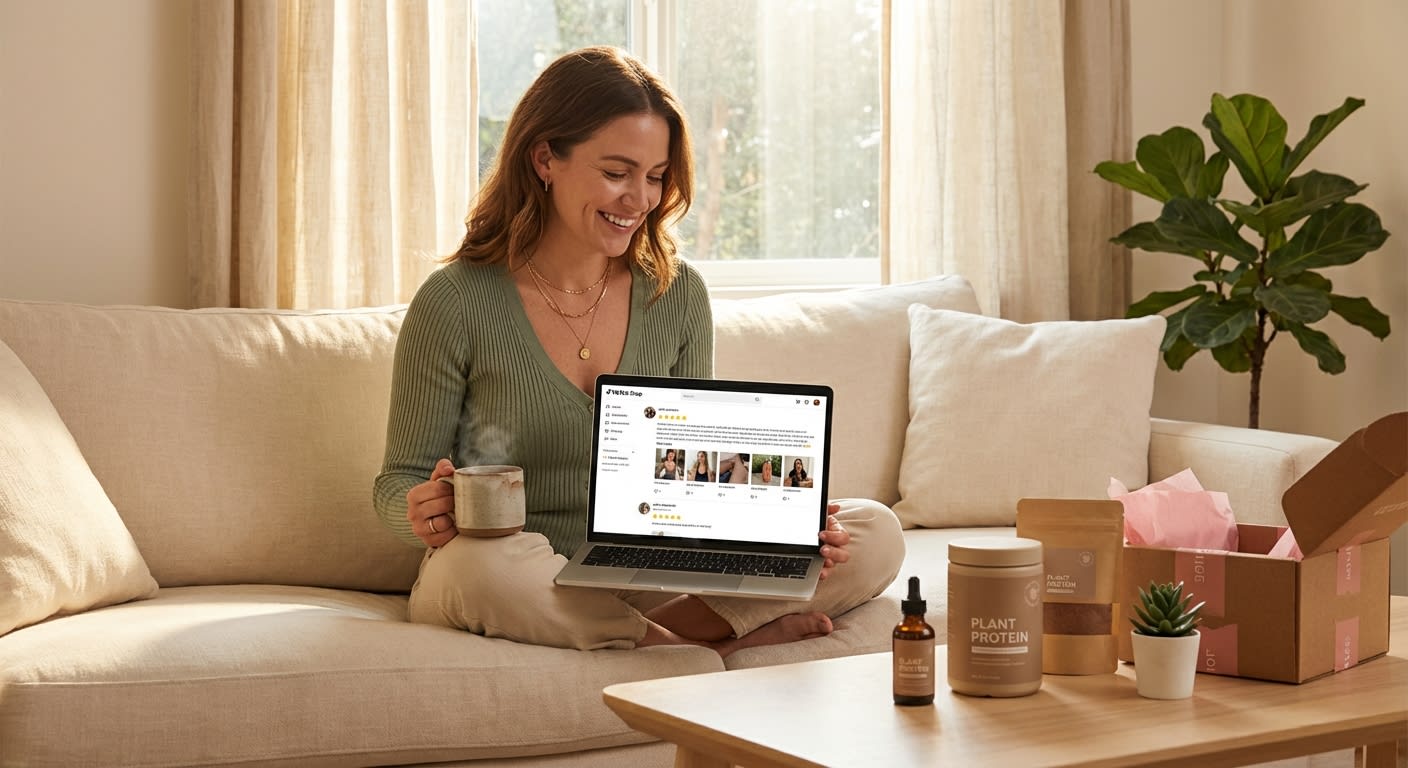 Wellness brand founder reading glowing TikTok Shop five-star product reviews with customer routine photos on laptop
