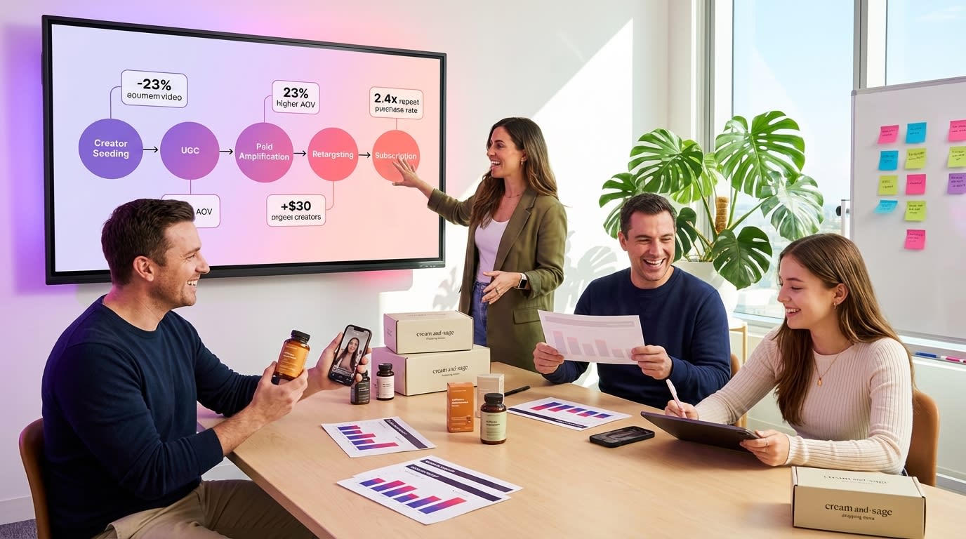 Wellness brand team in strategy war room reviewing TikTok Shop growth funnel from creator seeding to subscription on large screen