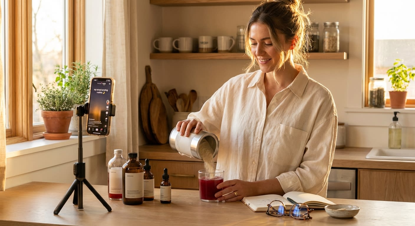 Wellness creator filming TikTok Shop supplement routine video with ring light setup and evening self-care product stack