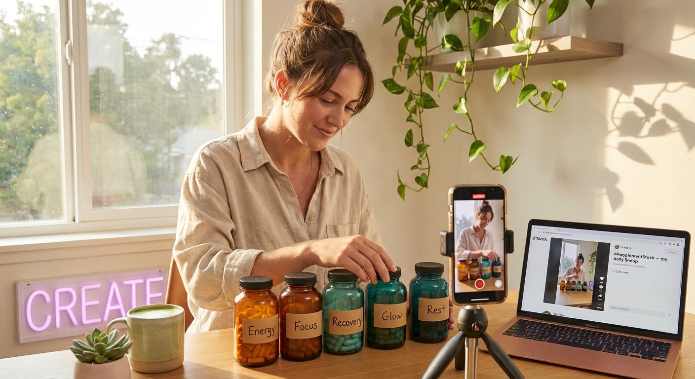 Wellness creator studio setup filming supplement stack TikTok Shop content with SupplementStack hashtag showing 3.2 billion views