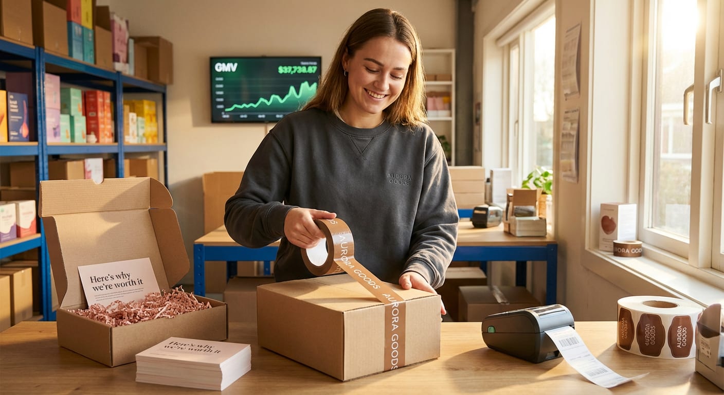 Entrepreneur proudly packing TikTok Shop orders in organized warehouse with revenue dashboard showing growth