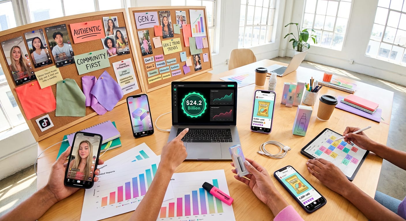 Aspirational overhead view of TikTok Shop growth strategy materials with revenue dashboards and product samples