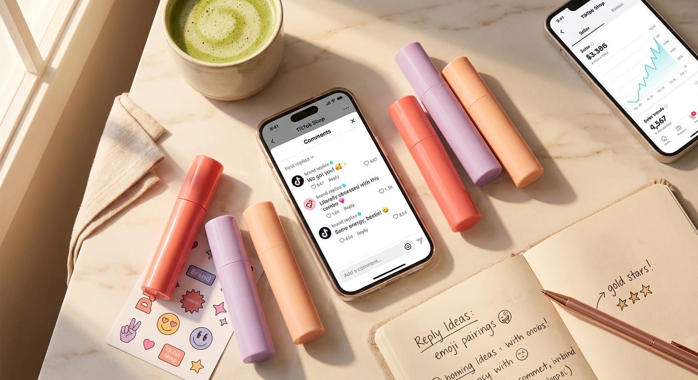 Flat lay of TikTok Shop comment engagement strategy with phone showing witty brand replies and sales dashboard