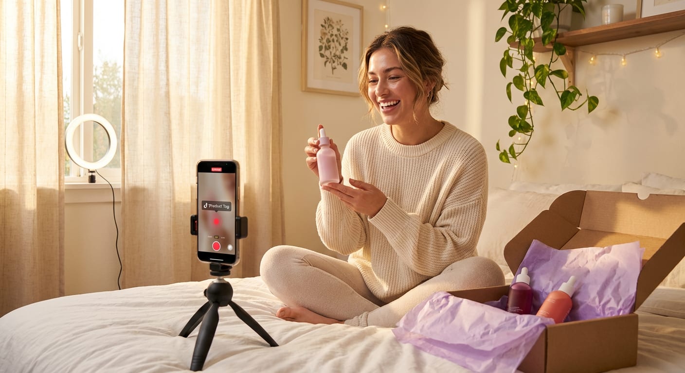 TikTok Shop creator filming authentic product unboxing in her bedroom with ring light setup