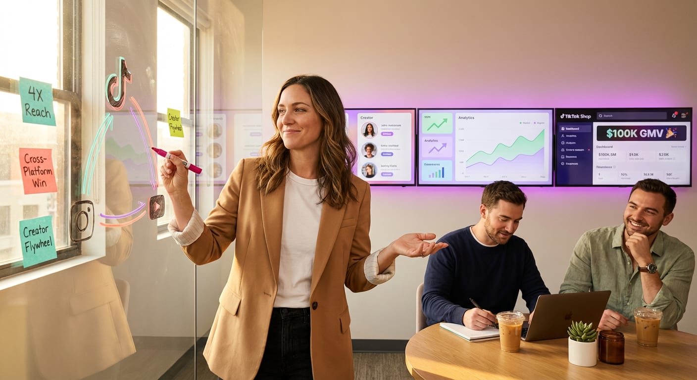 Brand strategist mapping out a TikTok Shop multi-platform influencer strategy on a whiteboard with excited teammates