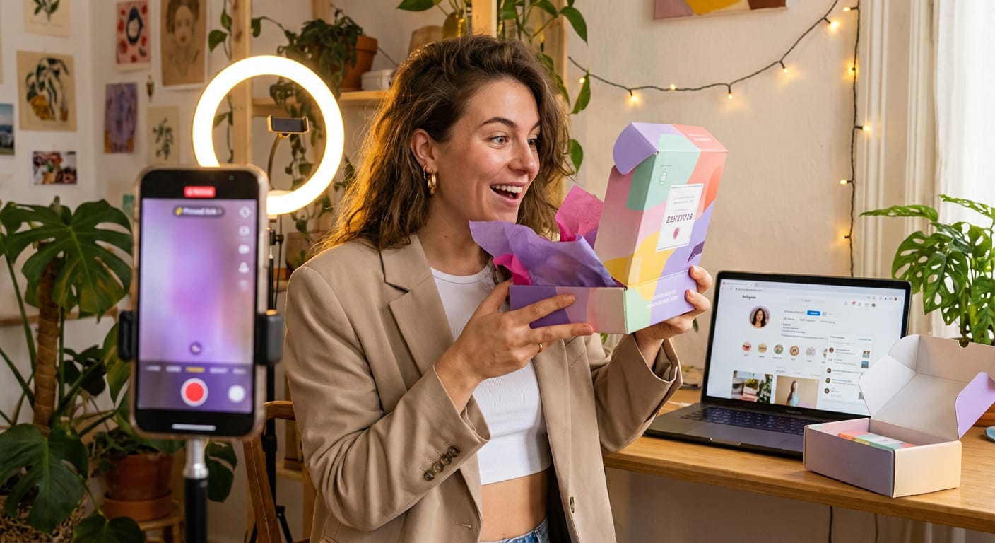 Excited creator unboxing TikTok Shop product seeding package while filming for multiple platforms in her studio