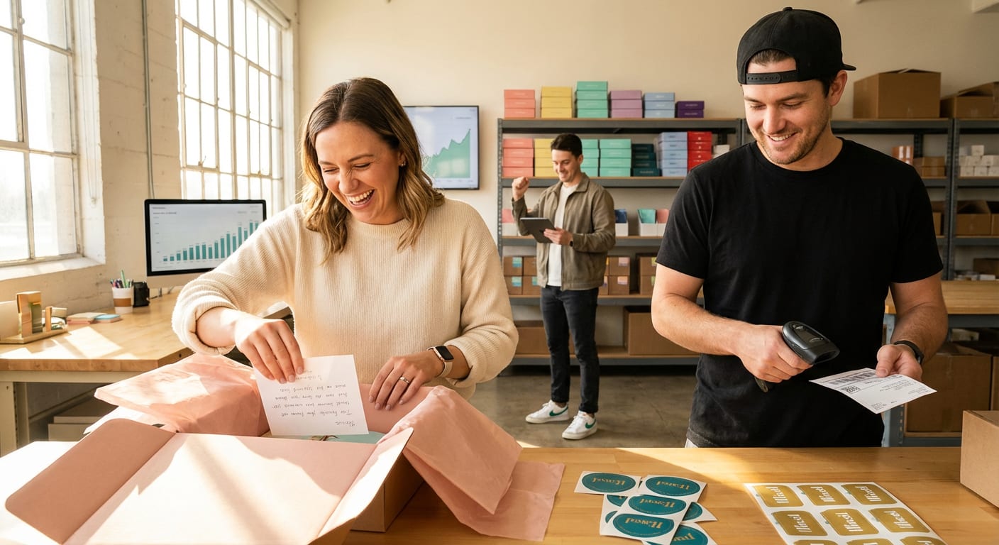 Cheerful TikTok Shop team preparing creator product seeding packages in an organized fulfillment space with sales analytics on screen