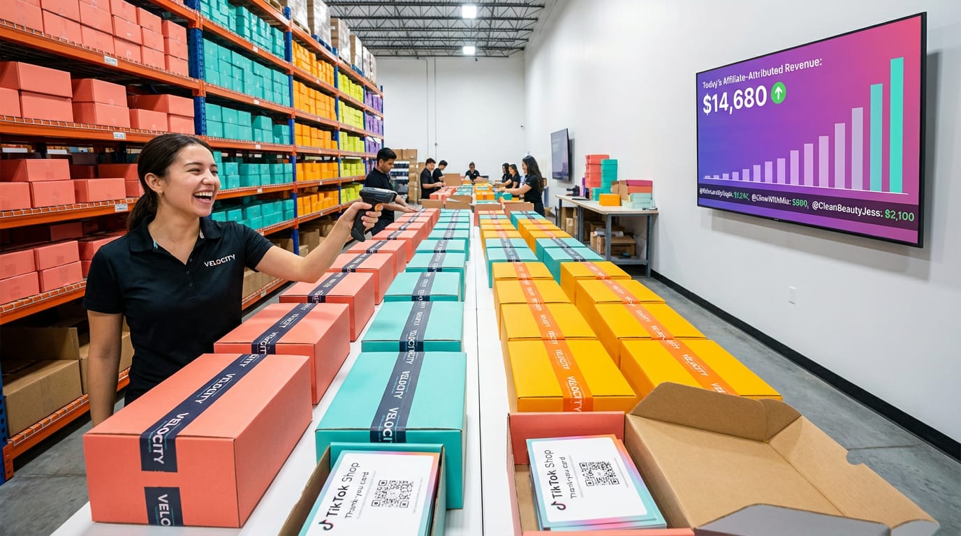 Organized TikTok Shop warehouse fulfillment scene with branded packages and incoming order notifications on dashboard