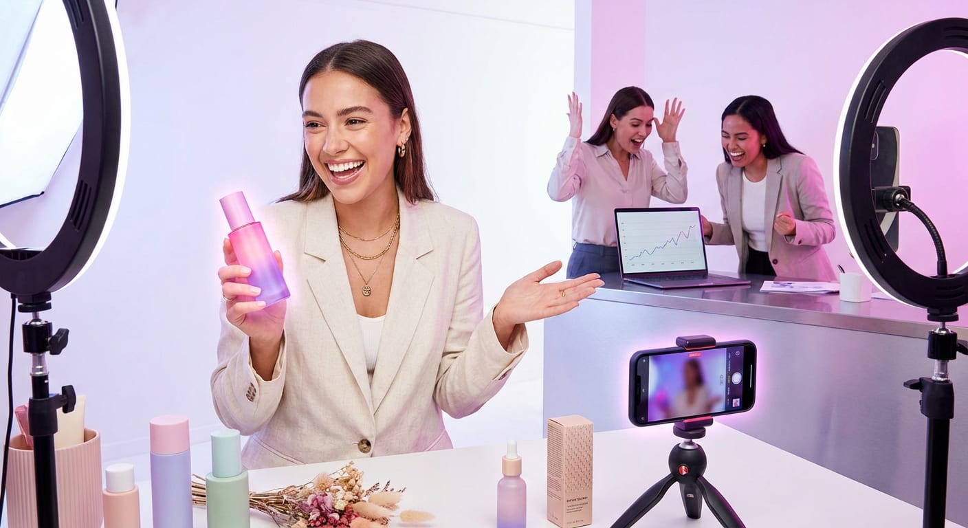 TikTok creator enthusiastically filming product review in professional studio setup with attribute-based review analytics visible on screen