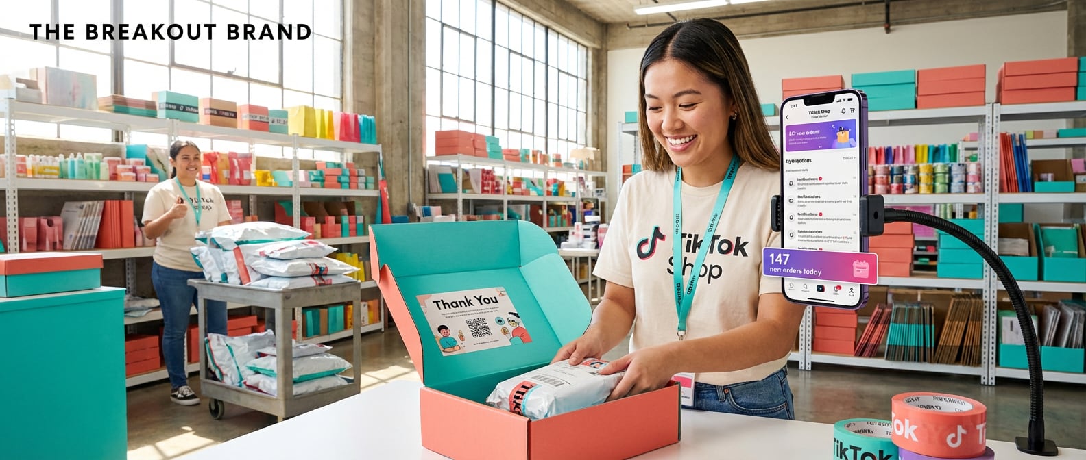 Organized TikTok Shop warehouse fulfillment scene with branded packages and incoming order notifications on dashboard