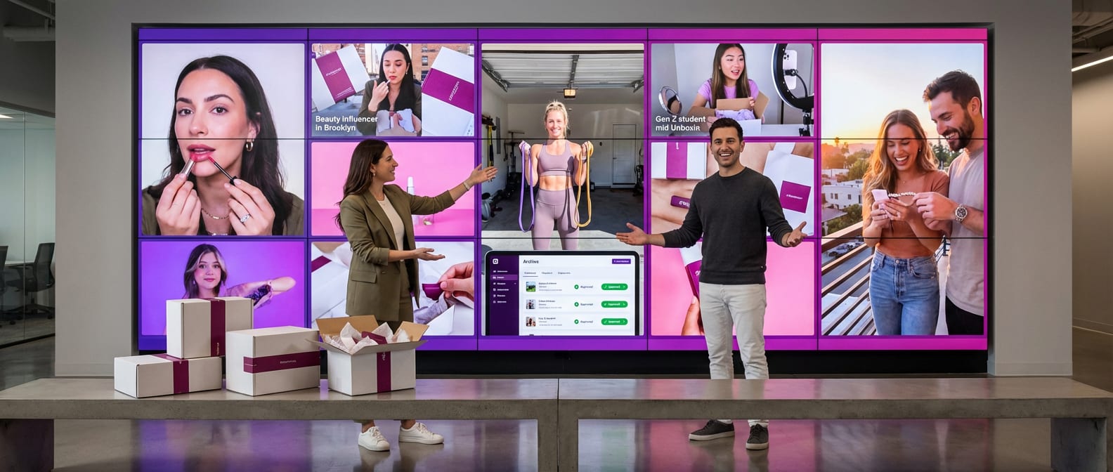 TikTok Shop brand team proudly viewing wall of collected UGC creator content across multiple screens in modern headquarters