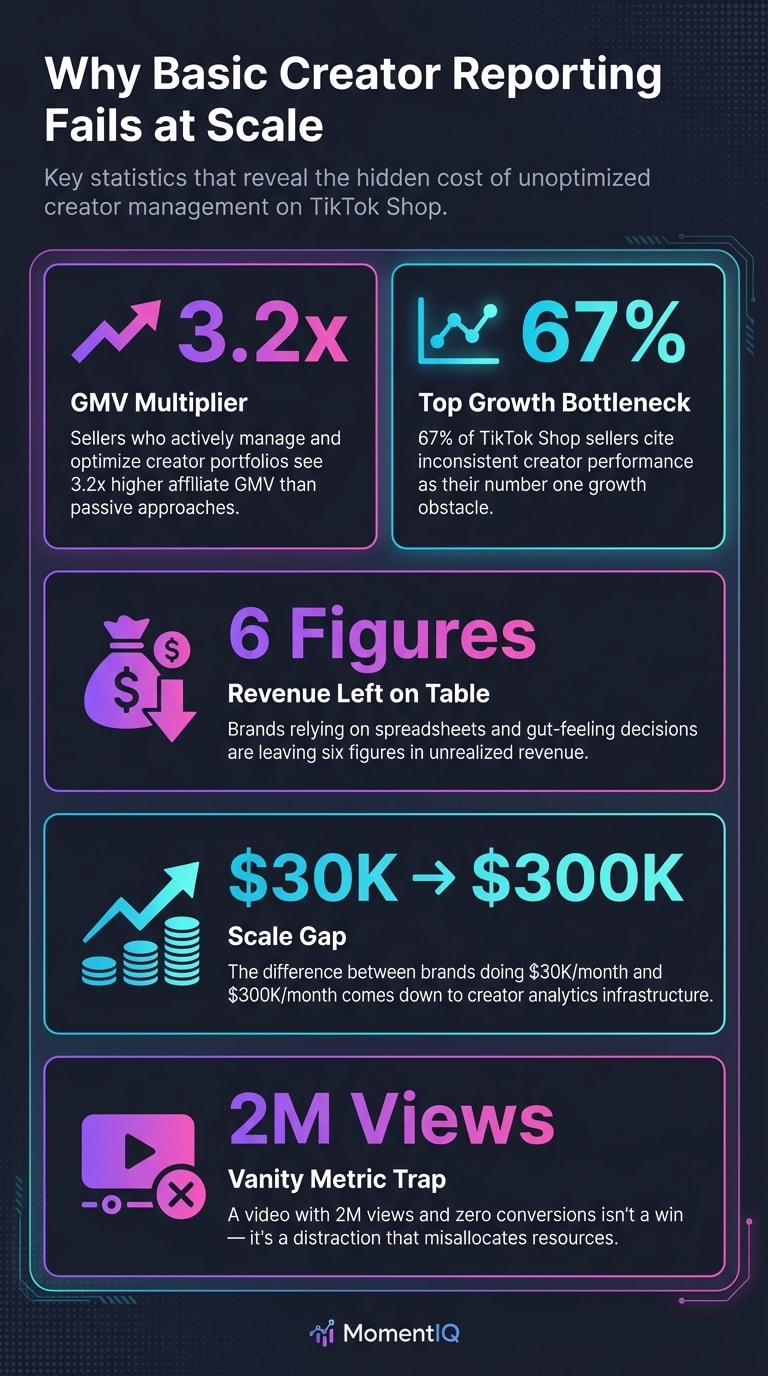 TikTok Shop creator management statistics infographic showing 3.2x GMV multiplier for optimized programs and 67% of sellers citing inconsistent creator performance as top bottleneck