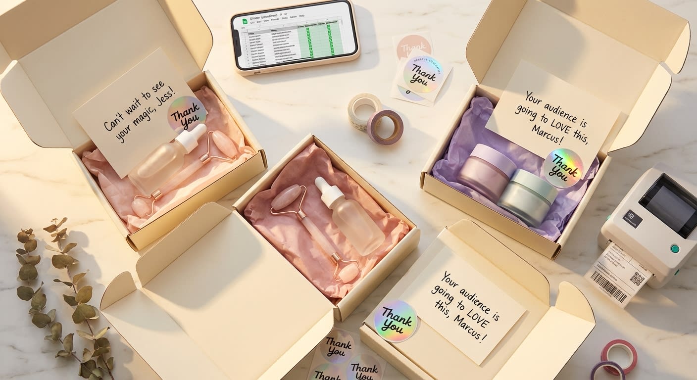 Beautifully arranged TikTok Shop product seeding packages with branded boxes personalized creator notes and tracking checklist