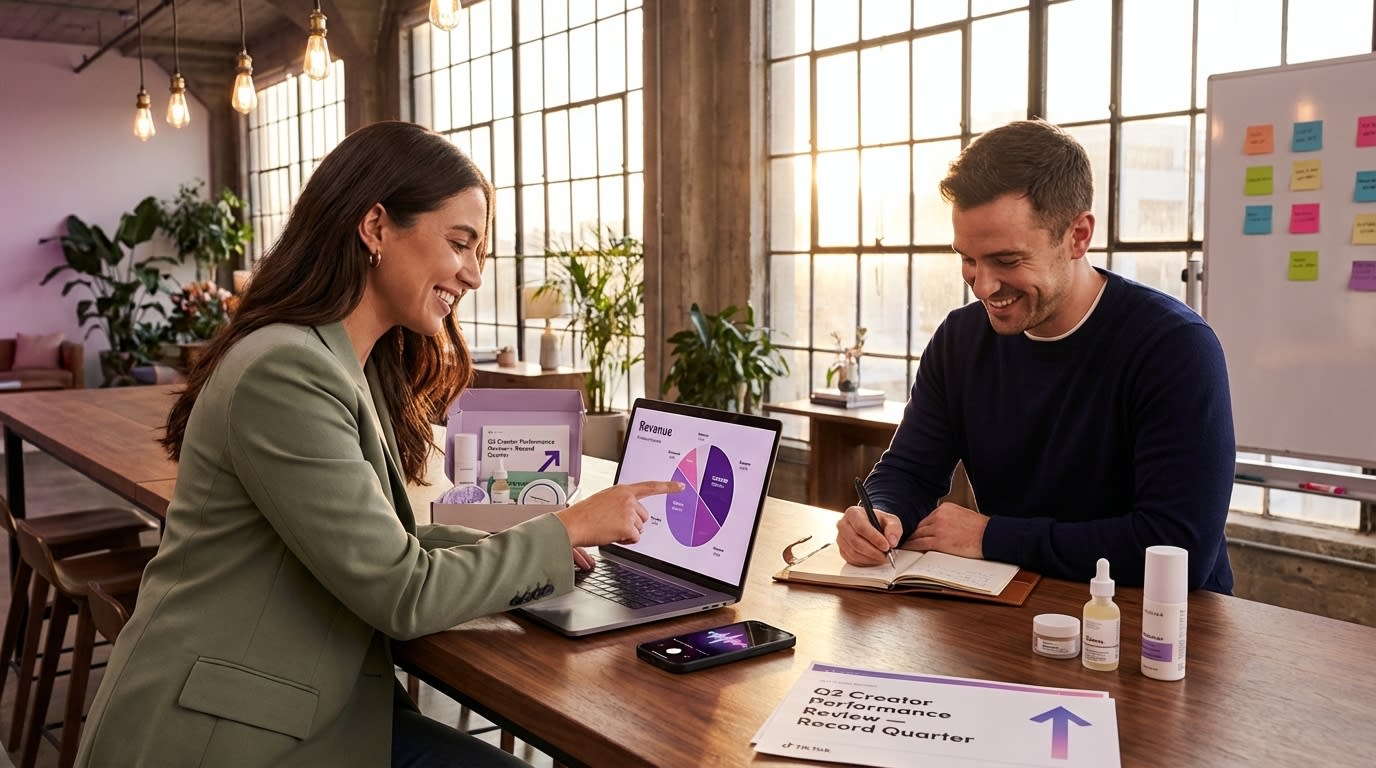 Business partners reviewing TikTok Shop creator analytics and record quarter performance report at modern workspace